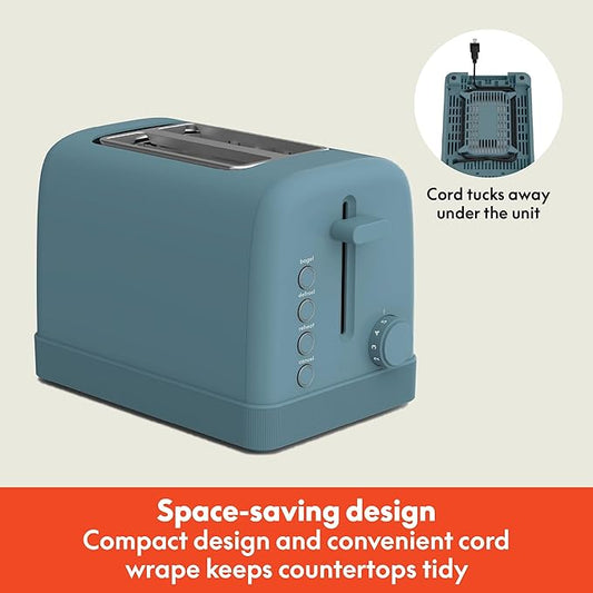bella 2 Slice Toaster, 6 Setting Shade Control w Reheat, Cancel, Bagel & Defrost Buttons, Removable Crumb Tray, Anti Jam & Auto Shutoff, Auto Centering Guides & Cord Wrap, 900 Watt, Surf