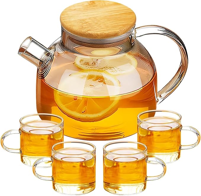 Mini 5-Piece Glass Tea Set Small Teapot with Matching 4 Teacups, 18.6OZ. for Kung Fu Tea, Tasting, Espresso Gift Set