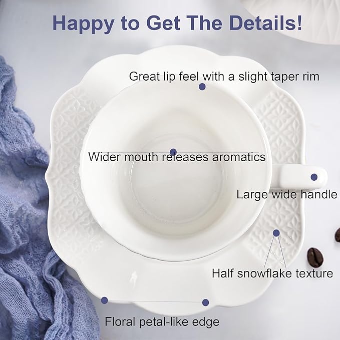 12 Pieces 6 oz Tea Cup and Saucer Set, Cappuccino Latte Americano Coffee Cup with Saucer Set of 6, Espresso Double Shot Cup, New Bone Porcelain Embossment Tea Cups, for Cafe Kitchen, Gift Idea, White