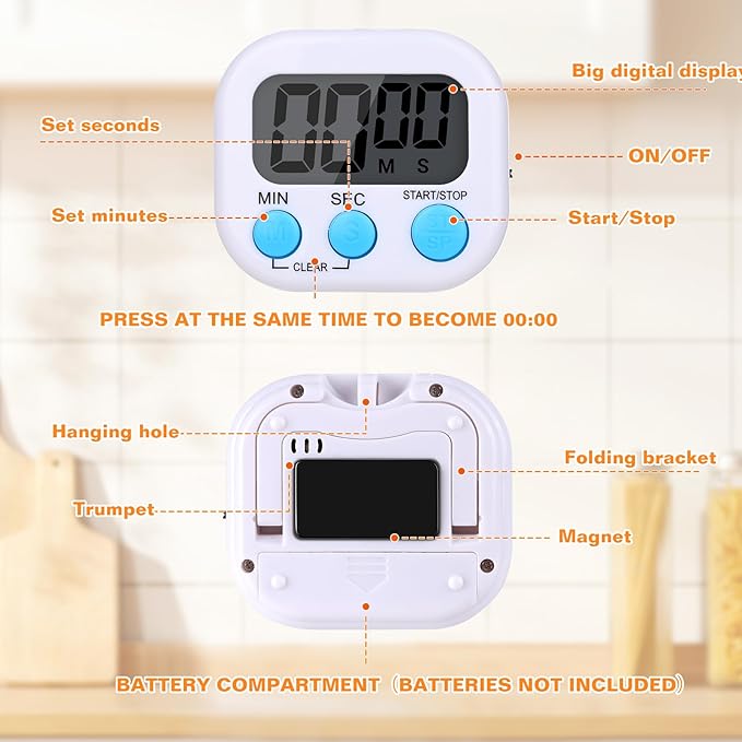12 Pack Digital Kitchen Timers for Cooking, Small Magnetic Countdown Classroom Timers for Teachers Kids, Big Digits Loud Alarm Backing Stand Timer for Kitchen, Shower, Study, Work, Exercise Training