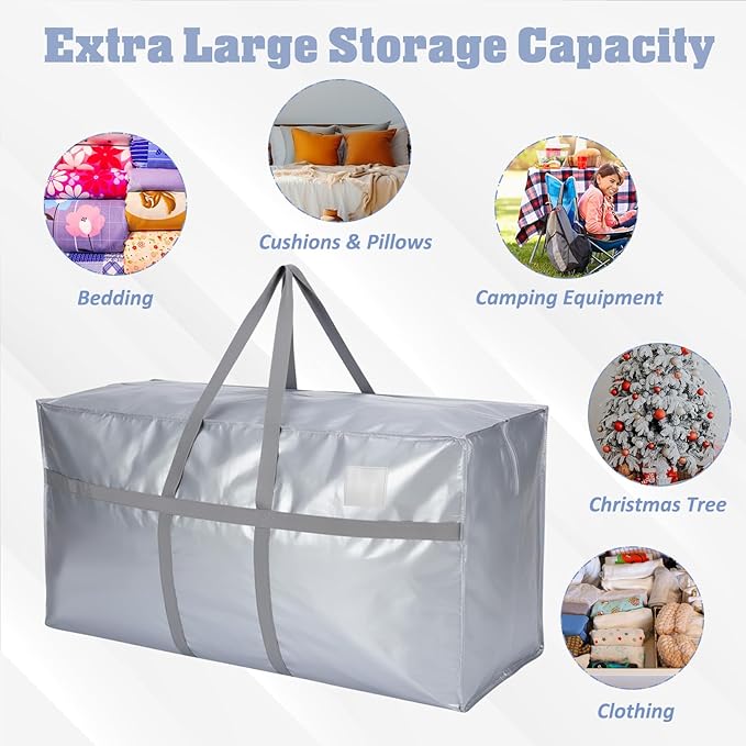 4 Pcs 149 Gallon Large Moving Bags with Zipper and Handles Foldable Storage Duffle Bags Heavy Duty Extra Large Totes for College Dorm Travel Clothes Blankets Bedding Moving (Silver)