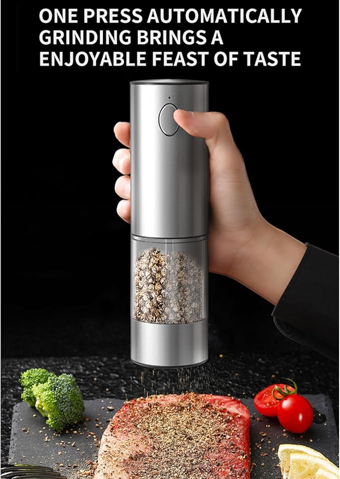 RECHARGEABLE - Electric Pepper and Salt Grinder Set, Adjustable Coarseness, With LED Light, One Hand Automatic Operation (A/Silver)