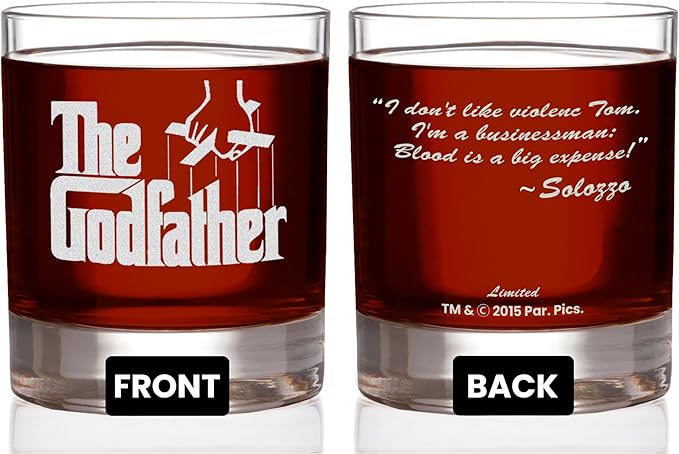 Official Godfather Etched Rocks Whiskey Glass - with Logo & Quote "I don't like violence Tom. I'm a businessman" - Premium Quality, Handcrafted Glassware, 11oz. A Collectible Gift