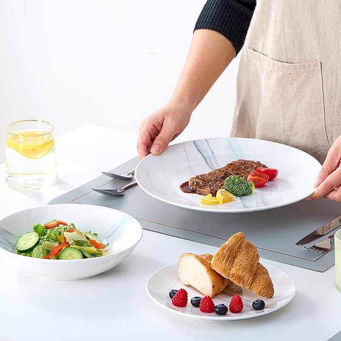 Bestone 12 Pieces Round Kitchen Dinnerware Sets,Plates and Bowls sets,Dishes, Plates, Bowls, Dish Set，Plates and Bowls,Service for 4, Blue and White Marble