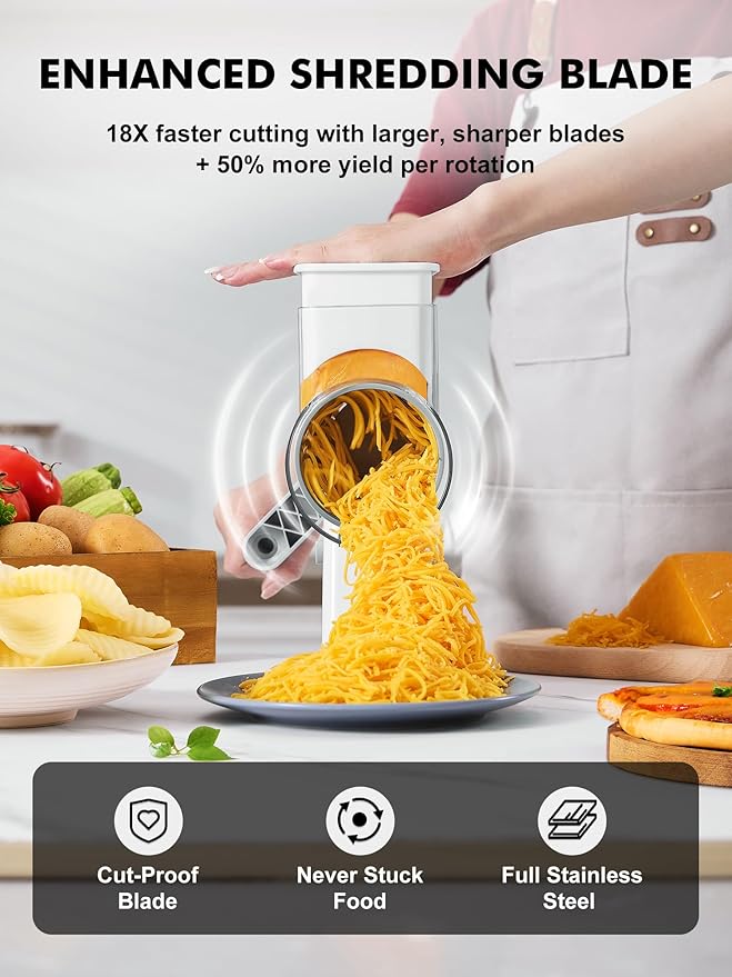 GDL Rotary Cheese Grater Hand Crank - Upgraded Cheese Shredder with 4 Interchangeable Blades, Rotary Grater with Non-slip Suction Base, Easy to Clean Kitchen Grater Slicer Grinder for Vegetable Nuts