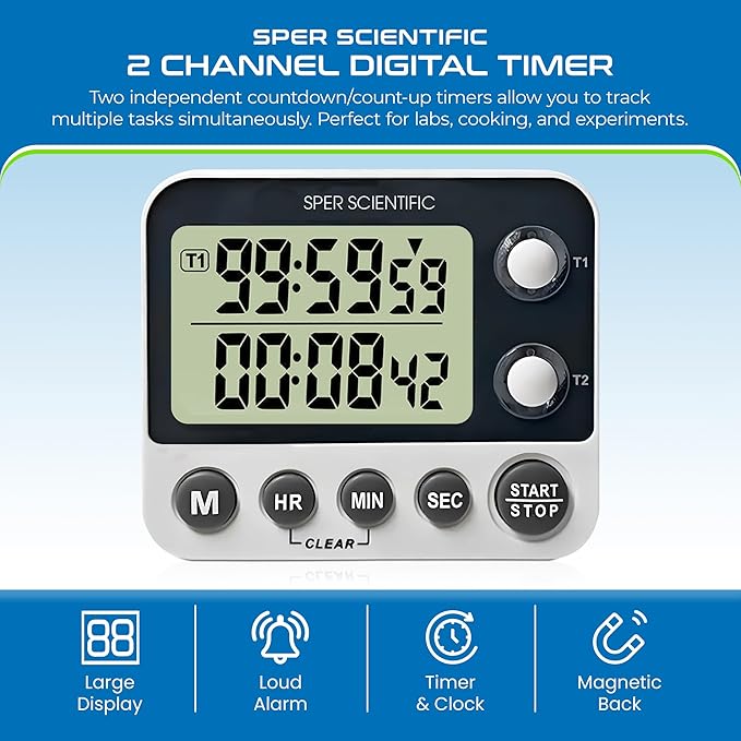 Sper Scientific 2 Channel Digital Lab + Kitchen Timer with Color Coded LED Lights 810002 – Dual Countdown Timer with Large Display, Loud Alarm & Clock Mode - for Cooking, Labs & More - 2 pc