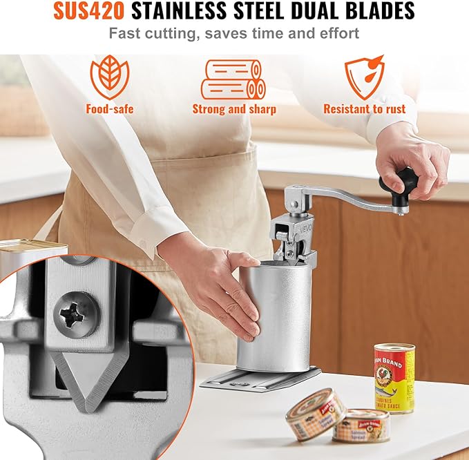 VEVOR Commercial Can Opener, Heavy-Duty Manual Tabletop Cans Opener for Cans Up to 11.8 in Height, Height-Adjustable Professional Can Openers Fixed with Screws, for Restaurant, Hotel, and Food Store