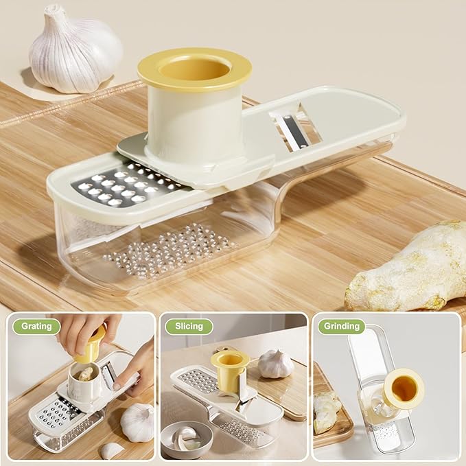 Multifunctional Garlic Grinder & Mandoline Slicer,2025 New Mini Ginger Garlic Grinding Planer Chopper Hand Press Vegetable Mandoline Cutter Tool with Container (Creamy/1PCS)