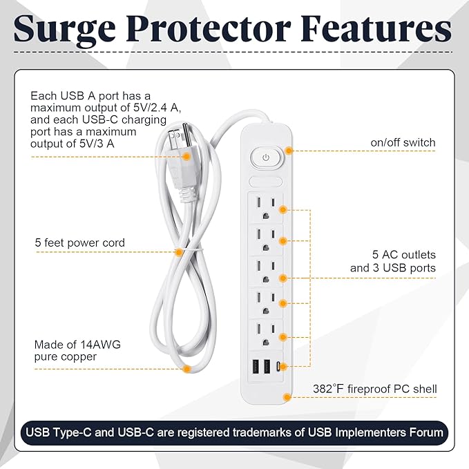 Kanayu 6 Pieces Power Strip Surge Protector with 5 Ac Outlets and 3 USB Ports, Heavy Duty Extension Cords Plug for Home Office Dorm(4.92 ft,White)