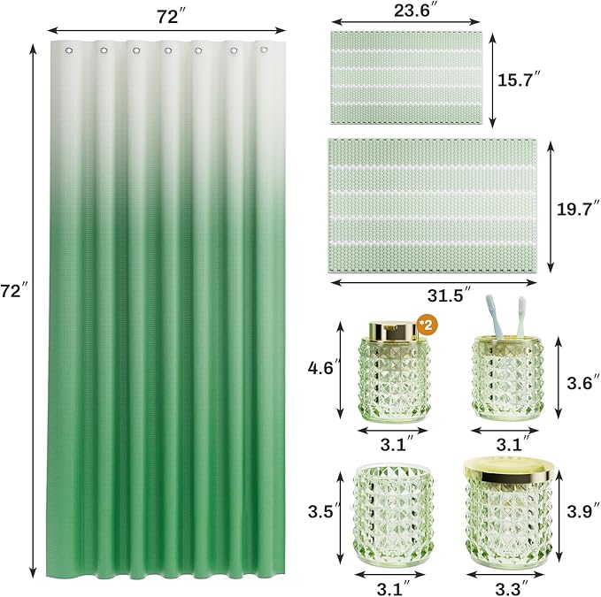 Bathroom Sets with Shower Curtain and Rugs and Accessories, Glass Bathroom Accessories Set Green Bathroom Set Bathroom Sets, Green Bath Mat and Diamond Soap Dispenser for Bathroom Decor