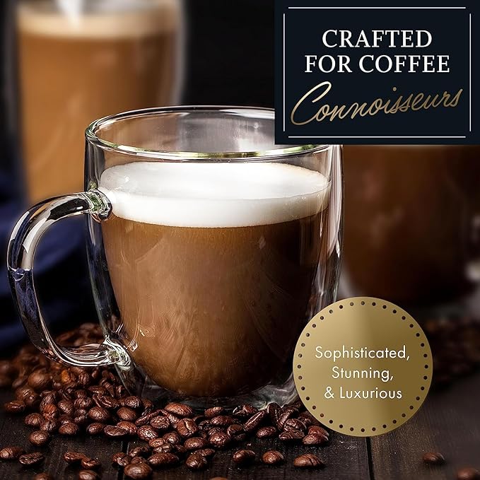 Elixir 16 oz Large Double Wall Coffee Mug Set of 2 - Double Wall Glass Coffee Cup - Large Mug - Insulated Glass Mugs with Handle for Hot Drinks Tea