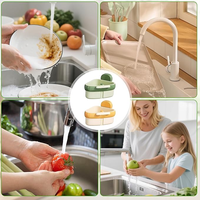 Suction Cup Sink Corner Rack,Sink Strainer Basket,Plastic Sink Storage Rack Holder,Triangle Sink Filter Basket,Corner Sink Trash Catcher for Food Waste (Green)