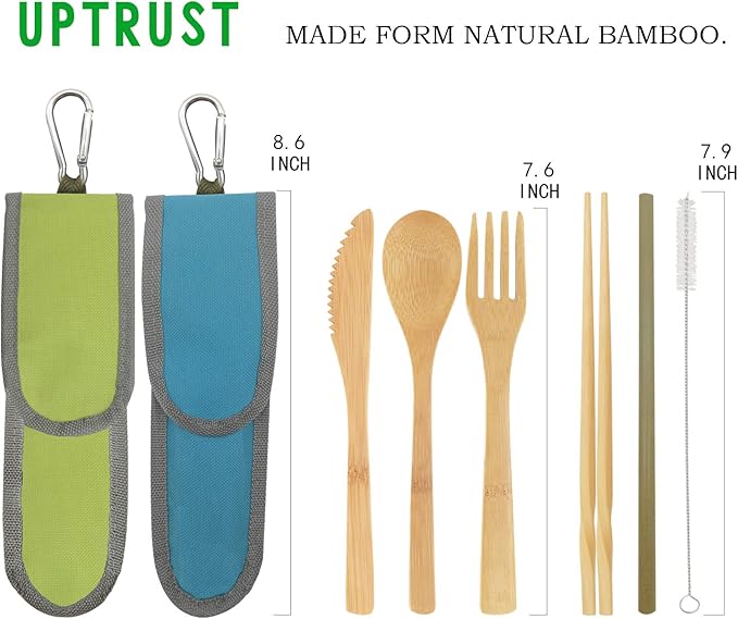 UPTRUST 2 Set Bamboo Cutlery Set Bamboo Travel Utensil Reusable Table cutlery Fork Knife Spoon Chopsticks Straw Cleaning Brush for Travel Picnic School Office（Skyblue& Green）