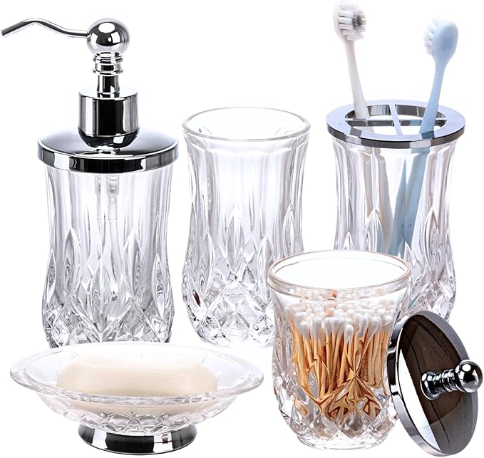 Bathroom Accessories Set,5 Pcs Clear Glass Bathroom Accessory Set,Complete Lotion Soap Dispenser,Toothbrush Holder,Soap Dish,Tumbler & Jar,Modern Bathroom Decor Sets,Gift for Home Apartment,Round