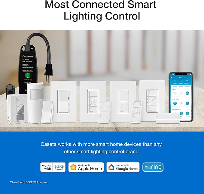 Lutron Diva Smart Dimmer Switch Kit for Caseta Lighting w/ Hub, Pico Remote & Pedestal, Smart Dimmer Works with Apple Home, Ring, Google Home, 3 Way, DVRF-BDG-1DP-A