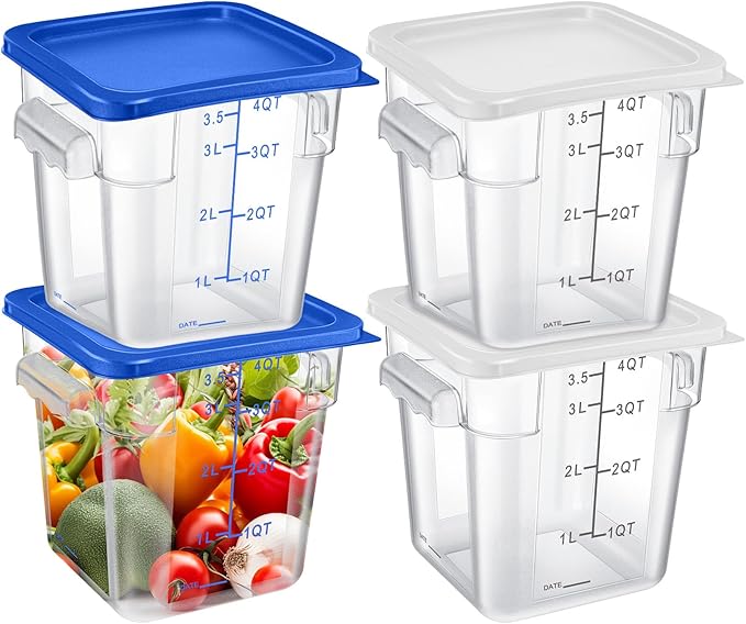Maxcheck 4 Pcs 4qt Food Storage Container with Lids Bulk Clear Commercial Food Storage Bins with Scale Handle Space Saving Restaurant Tubs for Kitchen Prep Proof Dough Marinating Meat(White, Blue)