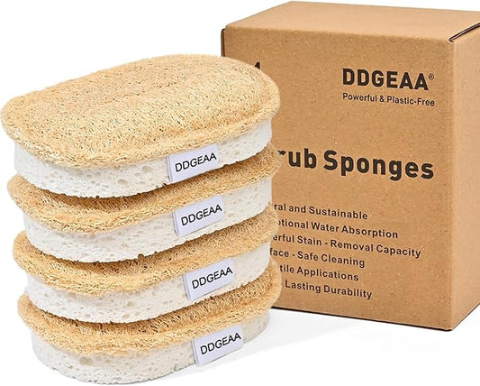 Natural Scrub Sponges Kitchen, Dual-Sided Loofah Dish Sponge - Plastic-Free, Scrubbing Power Without Scratching - 4 Pack White