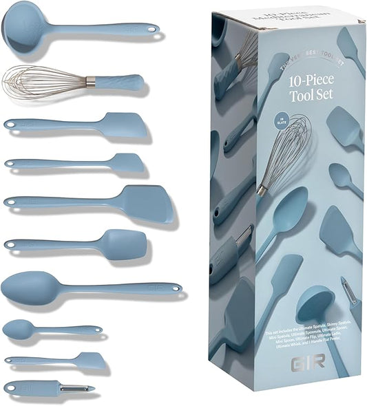 GIR: Get It Right 10-Piece Spatula Set & Silicone Utensils for Kitchen - Slate - Heat Resistant to 425°F - Dishwasher Friendly - Includes Ladle, Whisk, Potato Peeler & Kitchen Spoons