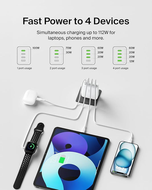 Belkin 112W 4-Port GaN Charger Block, USB-C Power Delivery Super Fast Charging & USB-A Port - MacBook, Samsung Galaxy S25, Apple iPhone 17, Air, iPad, Google Pixel, Nintendo Switch 2, etc. - White