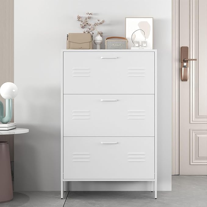 Shoe Storage Cabinet with 3 Flip Drawers, Freestanding Shoe Cabinet Organizer with Metal Frame for Entryway, Hallway, Foyer, White - Space-Saving Slim Design with Anti-Tip Device