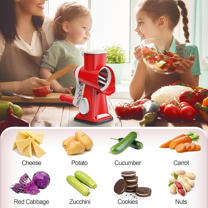 Cheese Grater Cheese Shredder with 3 Interchangeable Blades, Rotary Cheese Grater Manual Vegetable Slicer with Non-slip Suction Base Peanut Nuts Grinder Vegetable Shredder Red