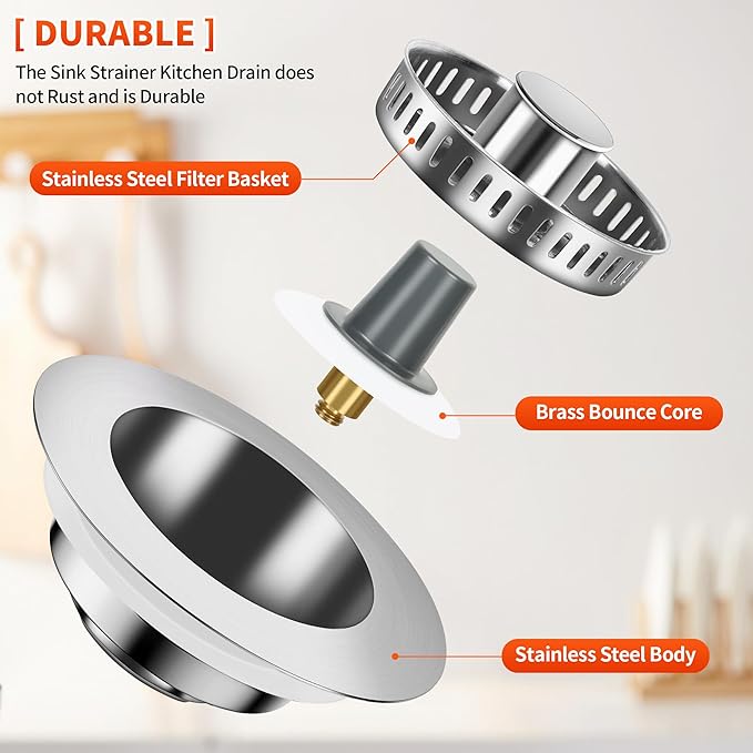3-in-1 Kitchen Sink Drain Strainer with Bounce Core - Universal Stainless Steel Drain Stopper 2-Pack, Easy to Install & Clean, Upgraded Design