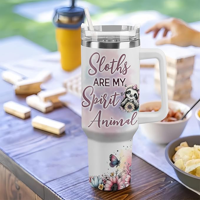 Personalized Sloth 40oz Tumbler with Handle and Straw Gifts for Animal Lovers, Sloth Lovers Gifts for Girl Women, Unique Birthday Christmas Gift Idea, Custom Name Stainless Steel Travel Cup