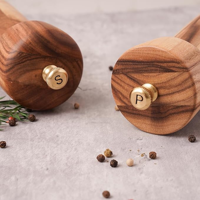 Salt and Pepper Mill Set with Tray, Adjustable Ceramic Grinder Salt Mill, Stainless Steel Grinder Pepper Mill, Acacia Wood, 20.5 cm/ 8 Inch Height, Bottom Dia 6 cm /2.36 inch