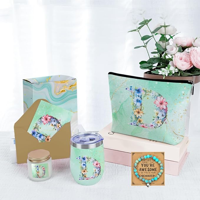 Personalized Gifts Monogrammed Birthday Gifts for Women, Niece Auntie Boss Teacher Appreciation Christmas Initial Wine Tumbler Makeup Bag Scented Candle Bracelet Set, (Aesthetic Green Flower D)