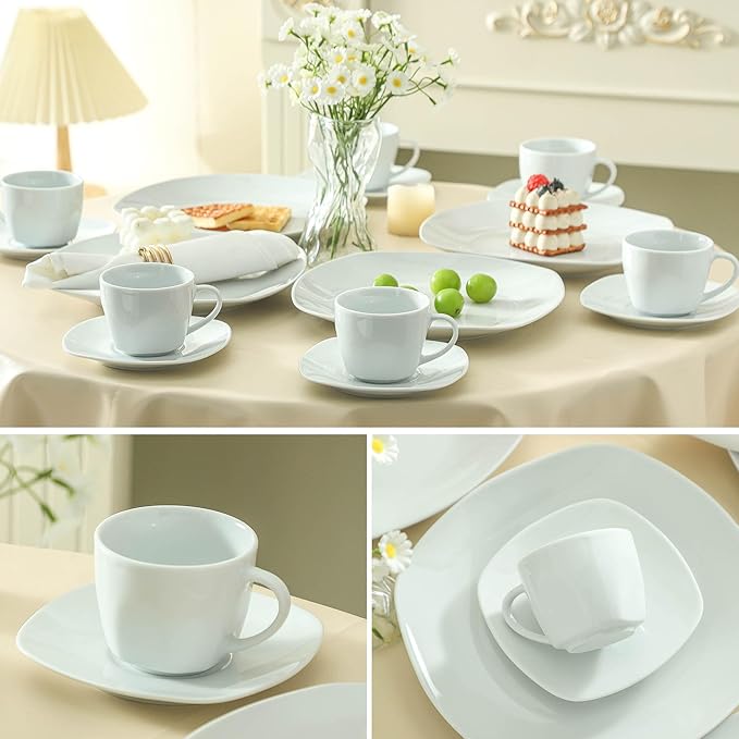 6.5 Ounce Porcelain Espresso Cups and Saucers Set of 6, Ceramic Cappuccino Demitasse Mugs Square Stackable Coffee Cup with Saucer Set for Coffee Drink, Espresso, Latte, Cafe Mocha and Tea Party, White