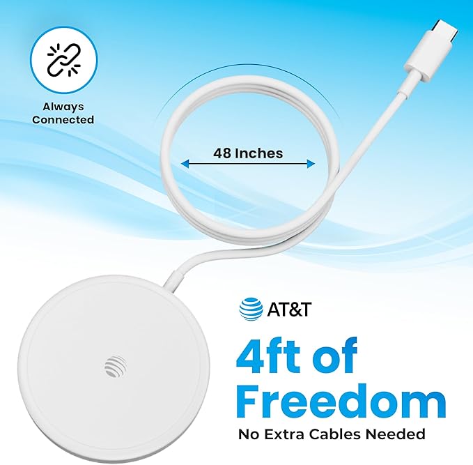 AT&T Qi2 Magnetic Charging Pad – Compact MagSafe Compatible Wireless Charger for iPhone 16/15/14 & Apple Watch – Built-in 4ft USB-C Cable – Nightstand & Travel Ready – White
