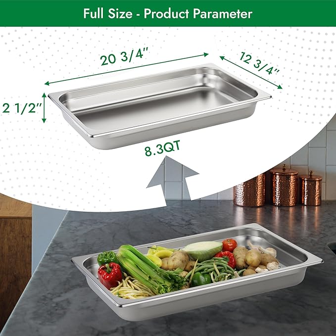 HECMAC 6 Pack Anti-Jam Hotel Pans, Full Size 2 1/2 Inch Deep, Commercial Stainless Steel Chafing Steam Table Pan, Catering Storage Metal Food Pan, 23 Gauge