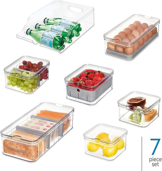 iDesign Crisp 7-Piece Recycled Plastic Refrigerator Organizer Bin Set with Lids, Clear/Gray