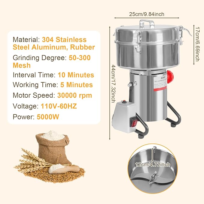 4500g Electric Grain Mill Grinder, High Speed 5000W Commercial Grinders, Stainless Steel Machine for Dry Grains, Coffee, Corn (4500g/10lbs Capacity)