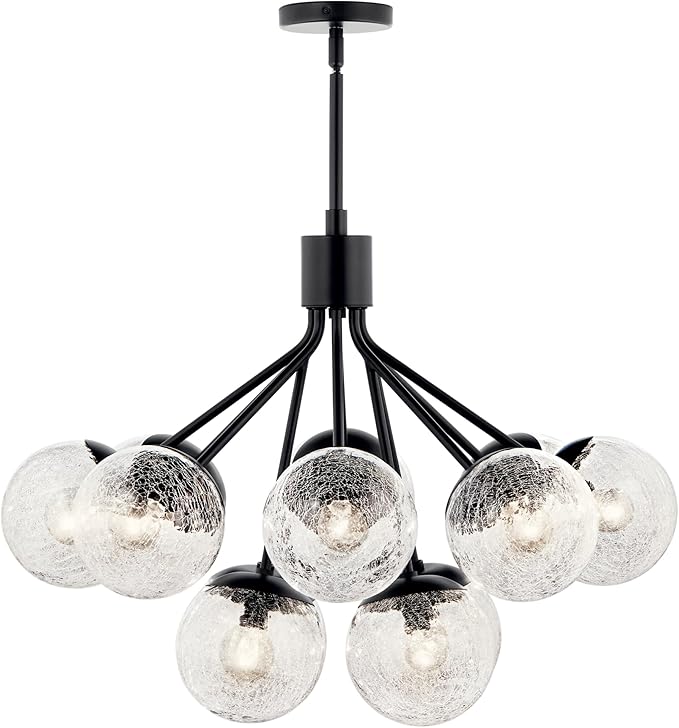 KICHLER Silvarious 12-Light Convertible Chandelier, Soft Modern Light with Clear Crackled Glass in Black, for Dining Room, Living Room, Bedroom or Foyer (22.25" x 30"), 52701BK