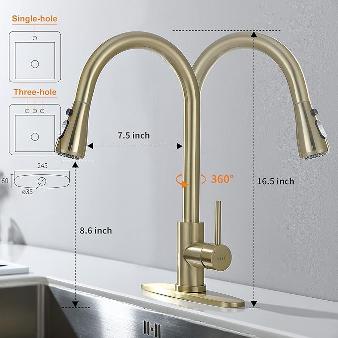 Gold Pull Down Kitchen Faucet with Soap Dispenser - Single Handle High Arc Stainless Steel Faucet