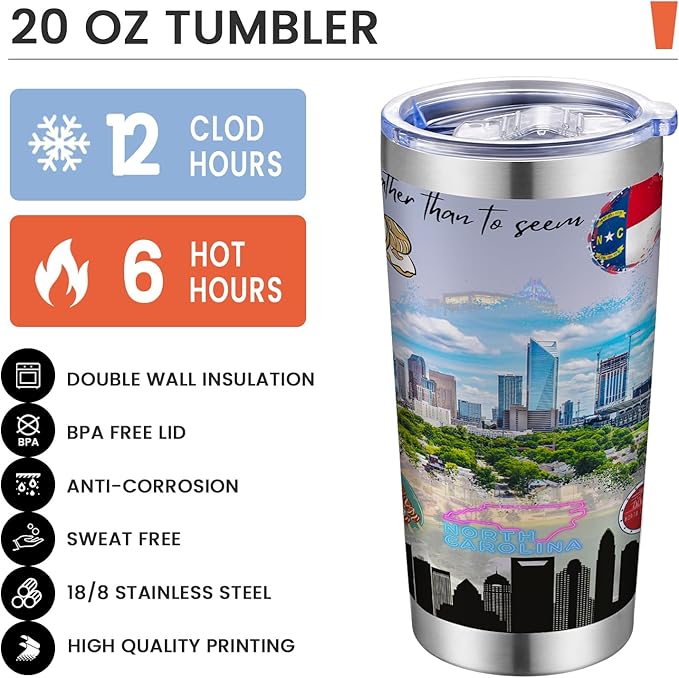 20oz Insulated Tumbler North Carolina State Coffee Mug, United States Map Travel Mug Landmark, Birthday Gifts Cute Custom Tumbler Cups with Lid and Straw Gifts for Mom
