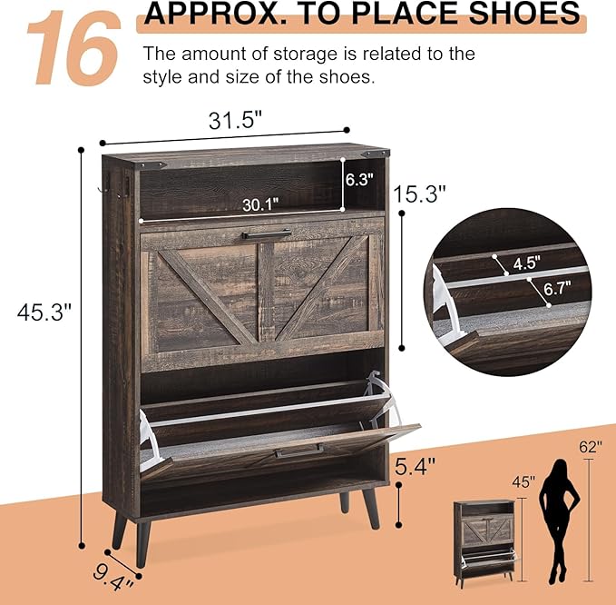 Shoe Storage Cabinet,Farmhouse Shoe Organizer with 2 Flip Drawers & Barn Door Design,Freestanding Hidden Slim Narrow Shoe Rack Cabinet with Open Storage for Entryway, Foyer,Hallway, Dark oak