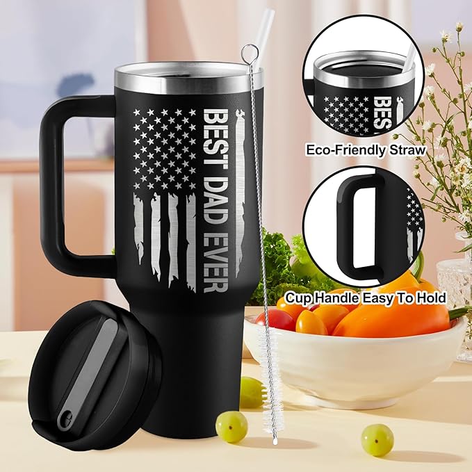 Dad Gifts Christmas Gifts for Dad Best Dad Ever Gift from Daughter Son Kids Wife Father Birthday Gift Ideas 40oz Travel Cup Insulated Tumbler with Handle & Straw