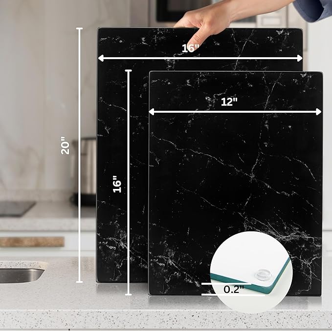 Glass Cutting Board 16"x12": Tempered Glass Kitchen Counter Protector - Durable- Scratch-Resistant, Heat-Proof - Design 1 - Black Marble Effect