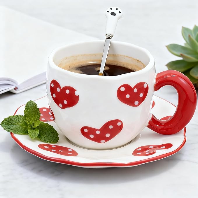 Coffee Mug Set with Saucer Cute Red Hearts Cup Gifts for Women for Birthday Tea Coffee Mug Saucer 250 ML Ceramic Cup Birthday Gift for Women Girls Mom Friend Coffee Mug aucer Set