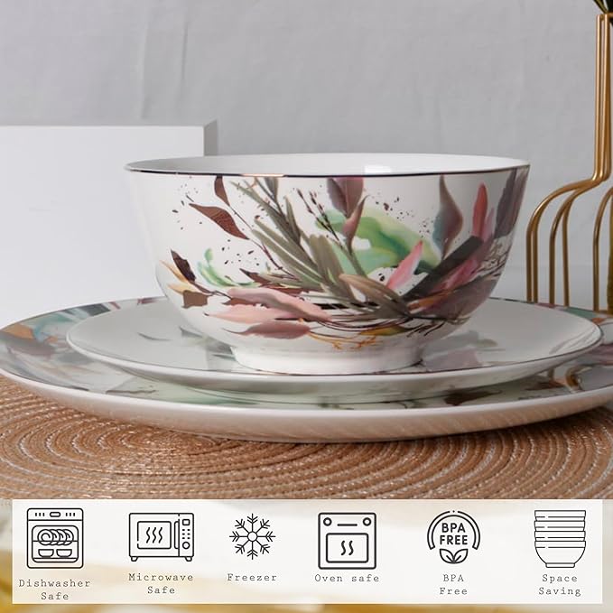 Pink & Gold Plates and Bowls Sets Dishes Set for 4, Ceramic Plates and Bowls Set, Service for 4, Bone China Dinnerware Set Salad Dessert Plates, and Cereal Bowls Set, Microwave safe by KOKEN