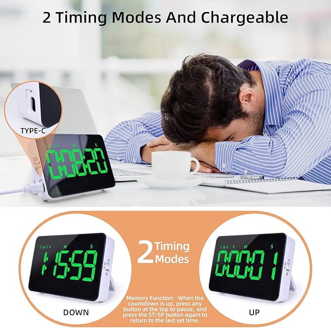 Rechargeable Digital Kitchen Timer for Cooking, Magnetic Timers with Countdown/up, Kids Timer with 5”LED Display 3 Brightness 4 Volume Adjustable for Classroom/Office/Home/Work/Fitness/Game(Green)