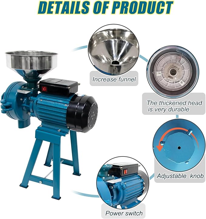 3000W Electric Grain Mill Grinder, Heavy-Duty Wet & Dry Cereals Grinder Machine 110V for Rice, Corn, Wheat, Coffee, Spices with Funnel