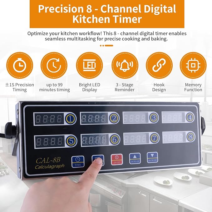 8-Channel Digital Kitchen Timer - Commercial Cooking Timer with Alarm Reminder- Professional Restaurant Timers for Fryer, Food Trucks, and Bakeries