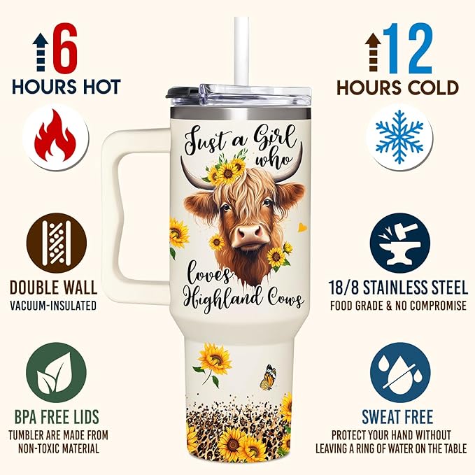 Highland Cow Gifts - Cow Gifts for Woman for Cowgirls - Birthday Gifts for Female Farmers for Cowgirl - Farming Gifts - Cowgirl 40Oz Tumbler with Handle & Straw