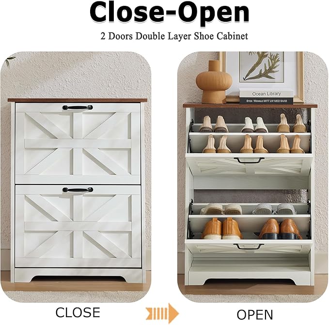 Shoe Storage Cabinet with 3 Flip Drawers, Farmhouse Shoe Organizer with Barn Door Design, Space-Saving Hidden Narrow Shoe Rack Cabinet for Entryway, Hallway & Foyer，White