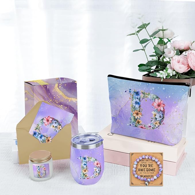 Personalized Gifts Monogrammed Birthday Gifts for Women, Niece Auntie Boss Teacher Appreciation Christmas Initial Wine Tumbler Makeup Bag Scented Candle Bracelet Set, (Aesthetic Purple Flower D)