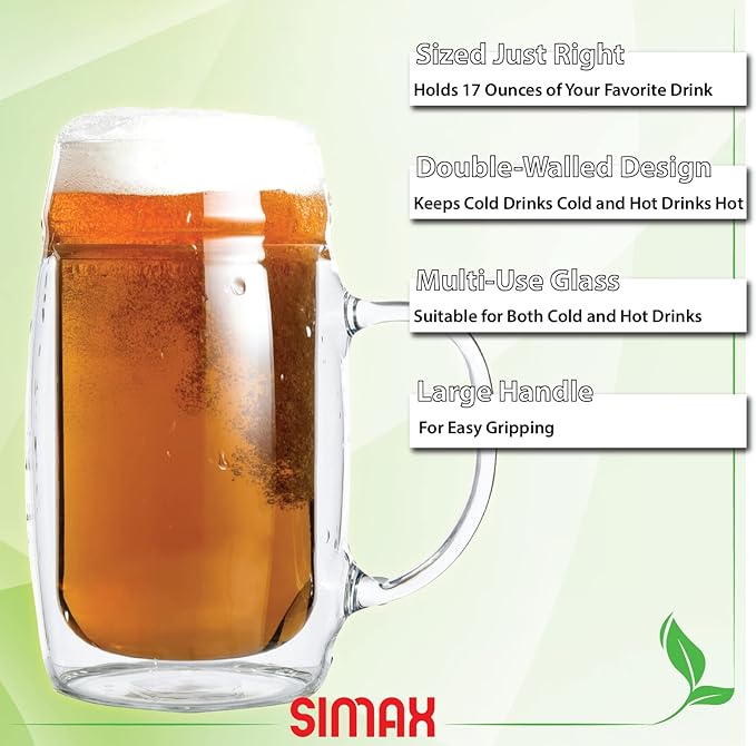 SIMAX Beer Mugs For Men, 17 Oz Double Walled Glass Beer Mug, Freezable Beer Glasses, Beer Mugs & Steins, Beer Mugs with Handles, Insulated Beer Glasses for Men, Frozen Beer Mugs for Freezer