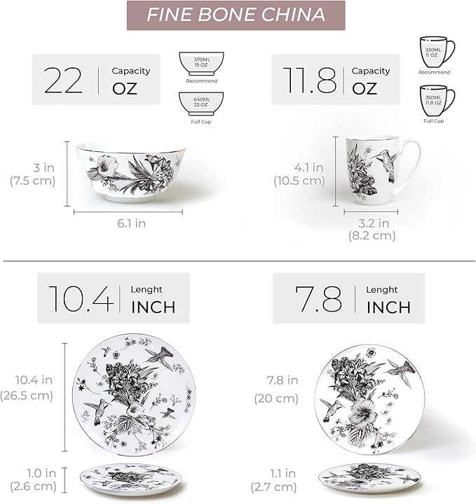 Botanic Plates and Bowls Sets Dishes Set for 4, Ceramic Plates and Bowls Set, Service for 4, Bone China Dinnerware Set Salad Dessert Plates, and Cereal Bowls Set, Microwave safe by KOKEN